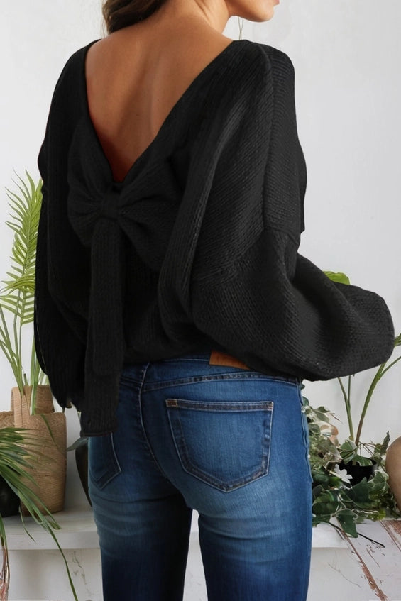 Love Backless Bubble Sleeve Back Bow Sweater