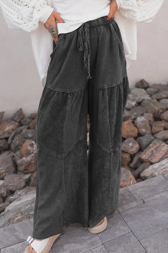 Black Mineral Wash Wide Leg Patchwork Pants