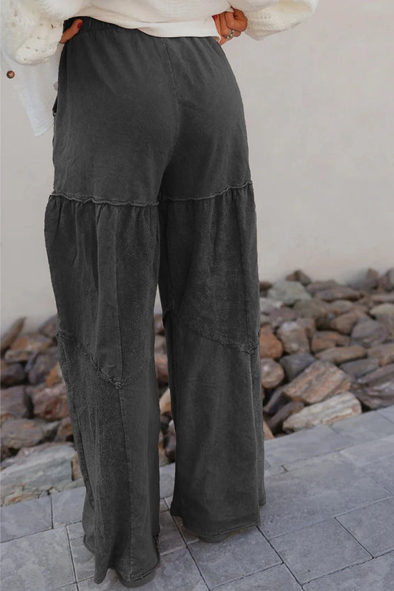 Black Mineral Wash Wide Leg Patchwork Pants
