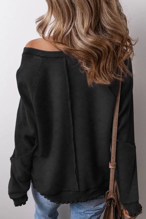 Black Waffle Off Shoulder Raglan Sweatshirt
