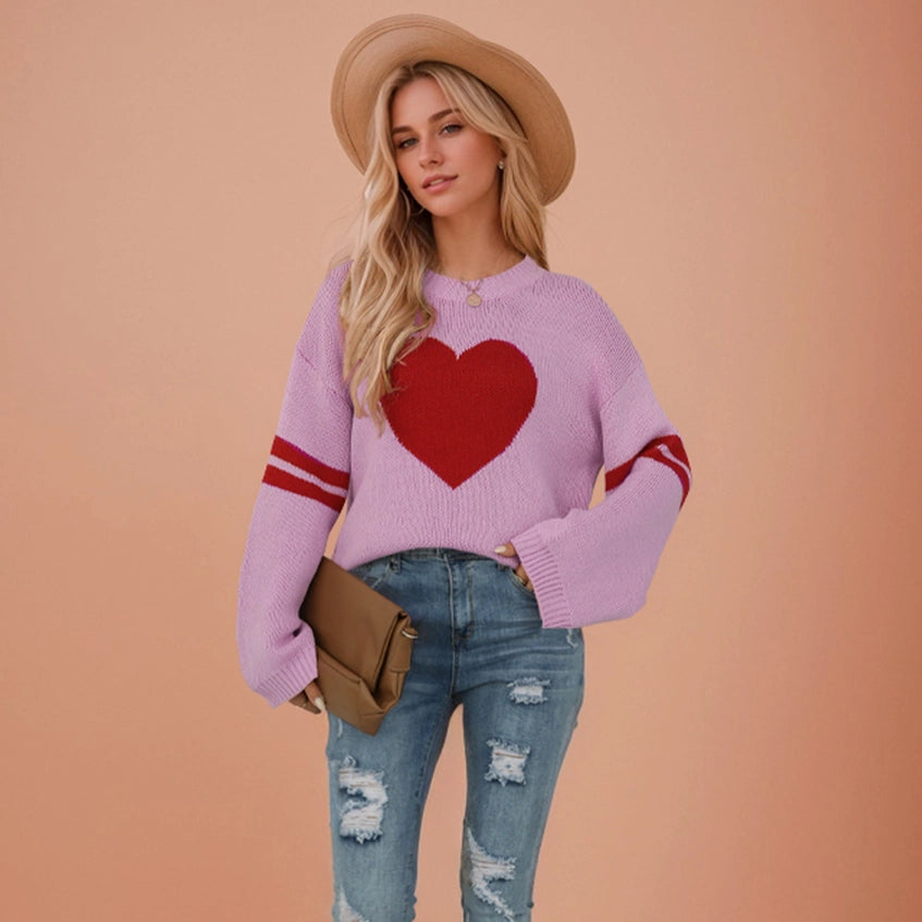 Heart Contrast Knit Sweater