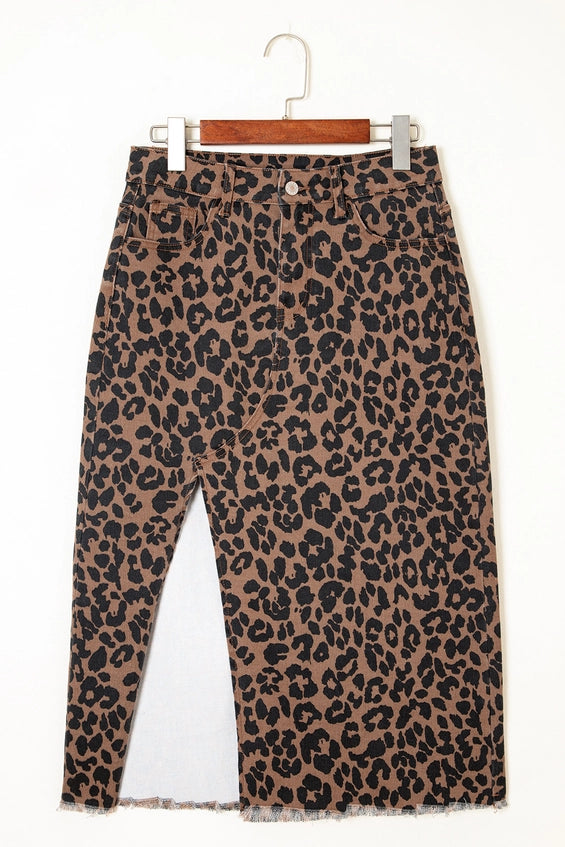 Leopard Denim Frayed Split Mid Skirt