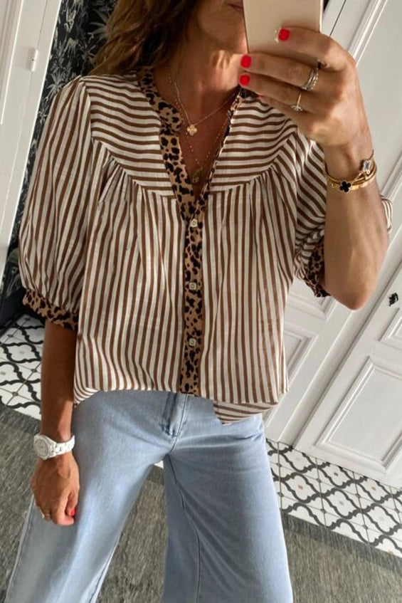 Brown Stripe Leopard V-Neck Top