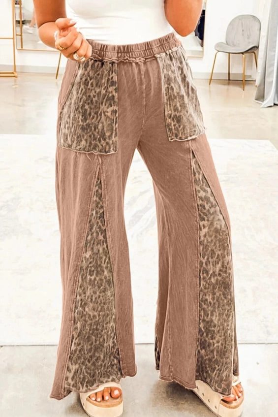 Mineral Wash Straw Yellow Leopard Patchwork Wide Leg Pants