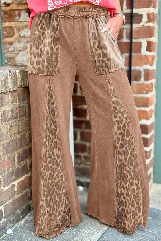 Mineral Wash Straw Yellow Leopard Patchwork Wide Leg Pants