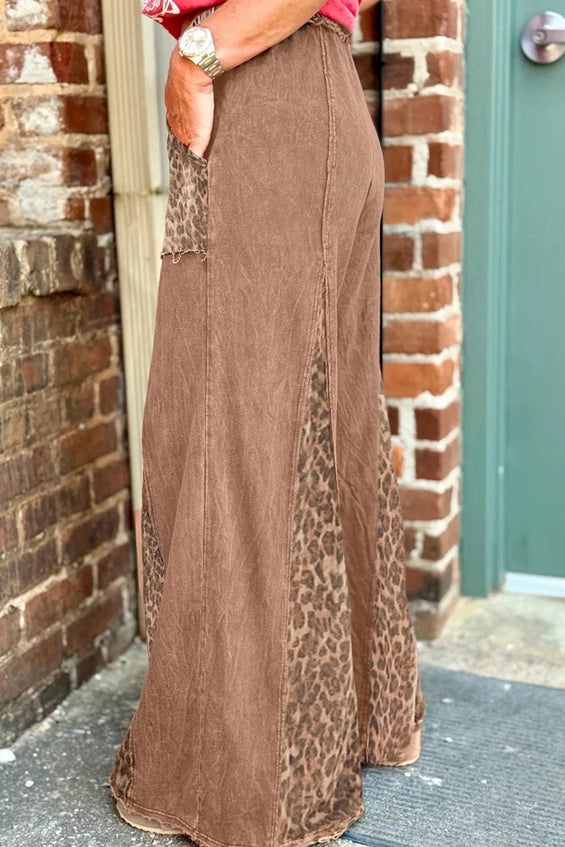 Mineral Wash Straw Yellow Leopard Patchwork Wide Leg Pants