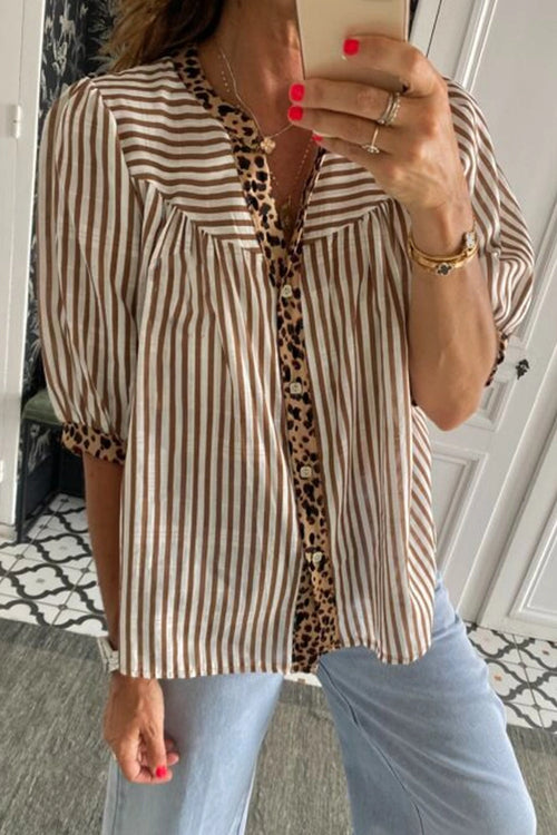 Brown Stripe Leopard V-Neck Top
